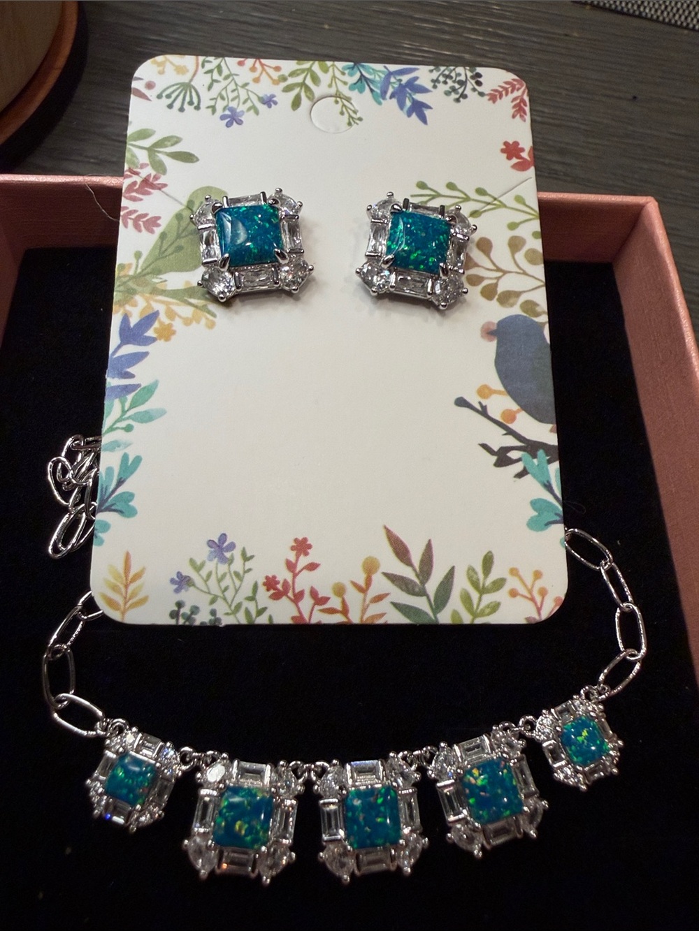 Bomb Party Sterling-Tone Blue Opal Square Necklace and Stud Earrings Set